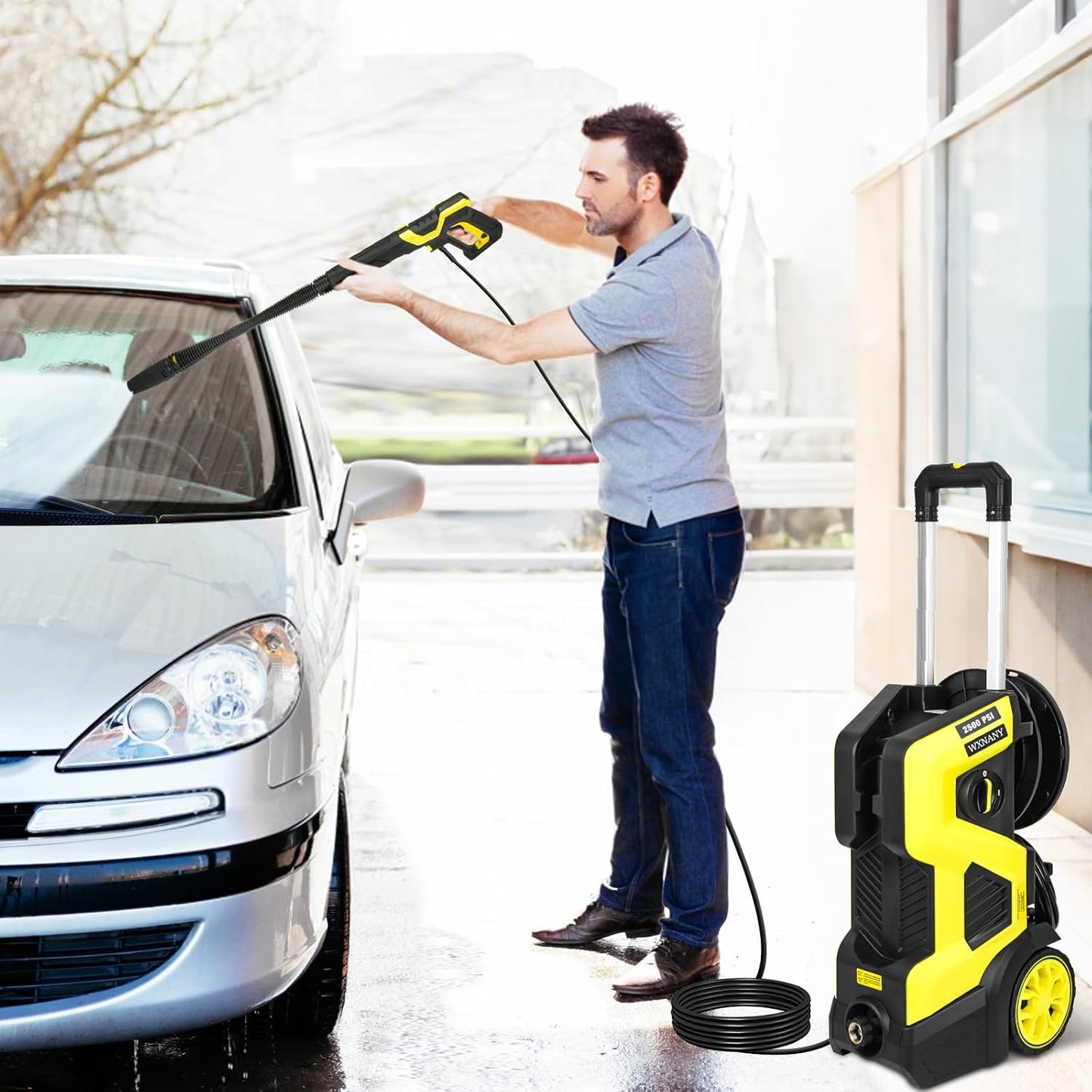 WXNANY 2500PSI Electric Pressure Washer with Build-in Hose Reel, Adjustable Wand and Turbo Spray Nozzle 1.76GPM Power Washer Electric Powere with on Borad soap Cannon for Car, House, Patio Cleaning