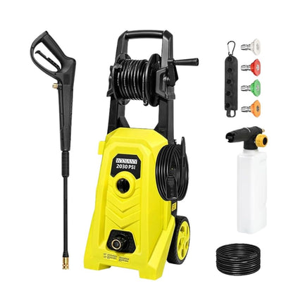 WXNANY Electric High Pressure Washer, 2030 Max PSI 1.76 GPM 14-Amp 1680W for Cars Fences Driveways Patios with 4 Nozzles, Foam Cannon and Hose Reel, Yellow