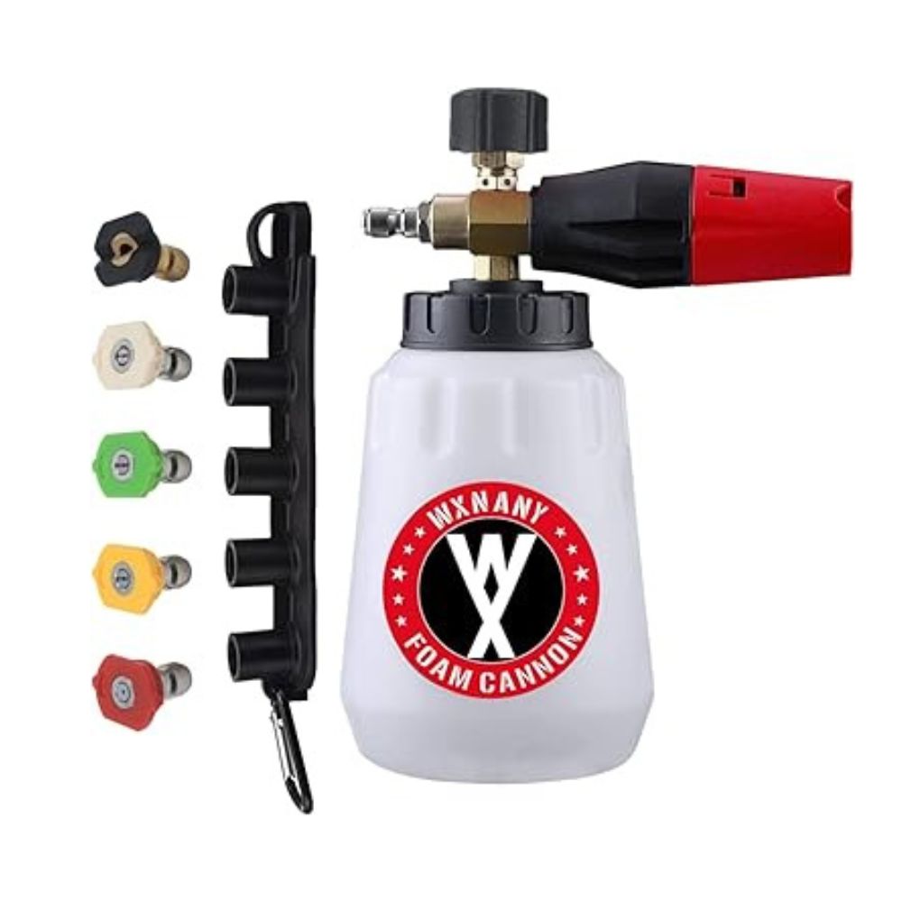 WXNANY Pressure Washer Foam Cannon with 1/4” Quick Connector 1 Liter Bottle 5 Tips and Holder
