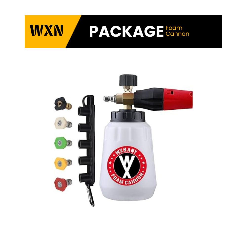 WXNANY Pressure Washer Foam Cannon with 1/4” Quick Connector 1 Liter Bottle 5 Tips and Holder